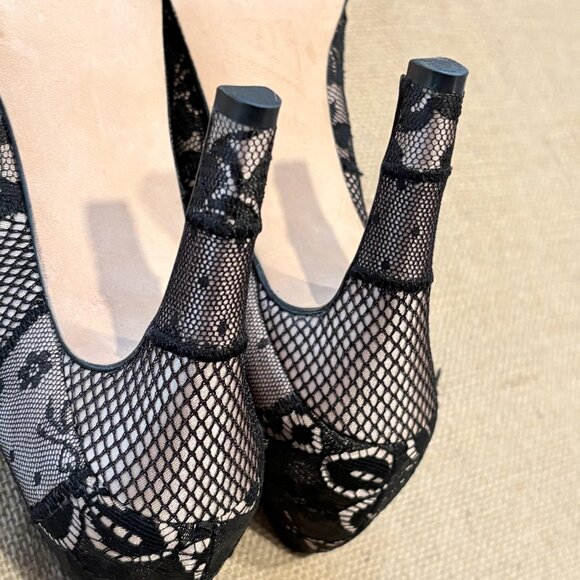 Beverly Feldman Shoes Womens 6 Lace Bow Peep Toe Heels Fishnet Whimsigoth - Picture 15 of 16